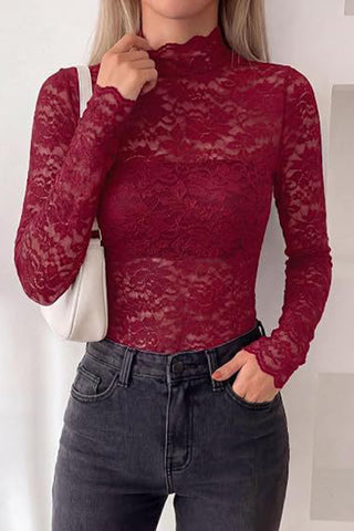 Floral Lace Mock Neck Long Sleeve Blouse
