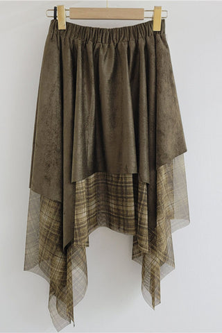 Plaid Mesh Overlay Asymmetrical Midi Skirt