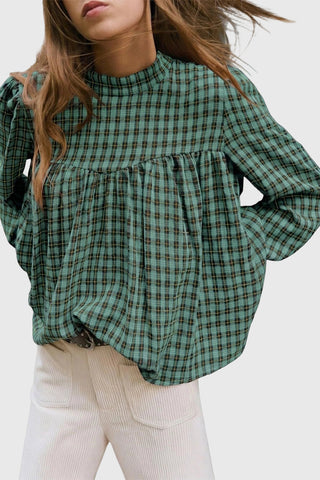 Plaid Mock Neck Puff Sleeve Blouse