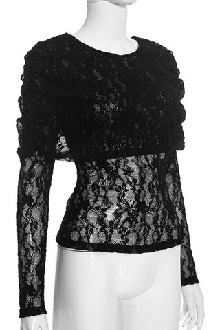 Sheer Lace Overlay Crew Neck Long Sleeve Top