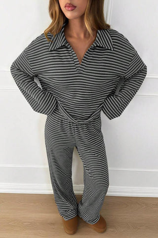 Striped Long Sleeve Collared Loungewear Set