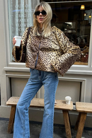 Leopard Print Faux Fur Open Front Jacket