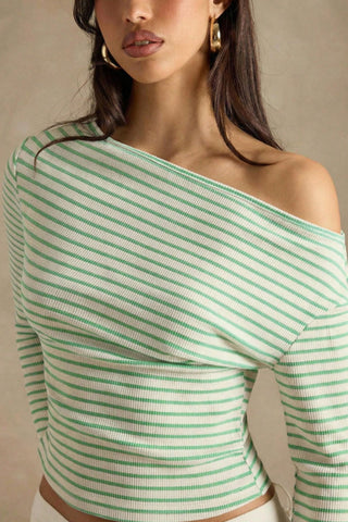 Ribbed One-Shoulder Striped Long Sleeve Top