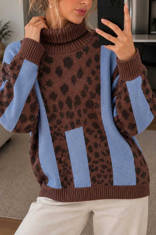 Leopard Print Turtleneck Knit Sweater