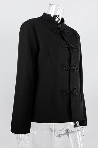 Frog Button Stand Collar Long Sleeve Blazer