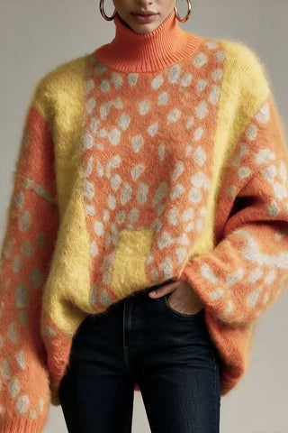 Leopard Print Turtleneck Knit Sweater
