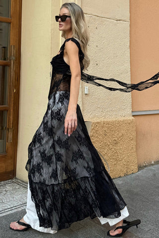 Deep V Sheer Lace Slit Dress