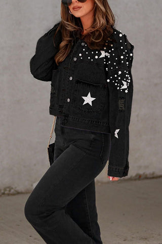 Pearl Star Embellished Distressed Denim Jacket