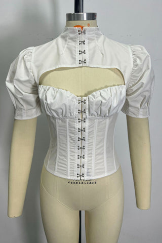 Cutout Puff Sleeve Hook-Front Corset Top