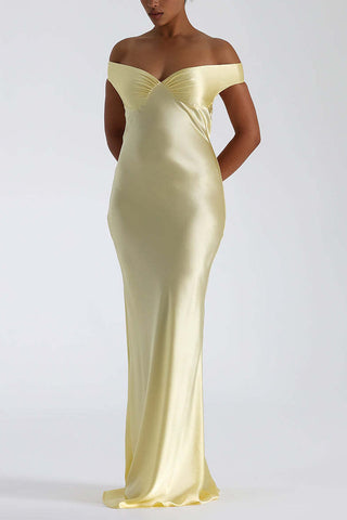 Ruched Off-Shoulder Satin Maxi Evening Dress