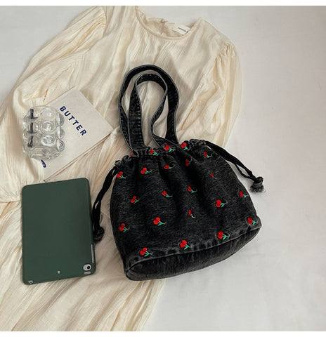 Cherry Drawstring Bucket Bag
