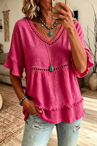 Hollow V-Neck Fringe Flutter Sleeve Top