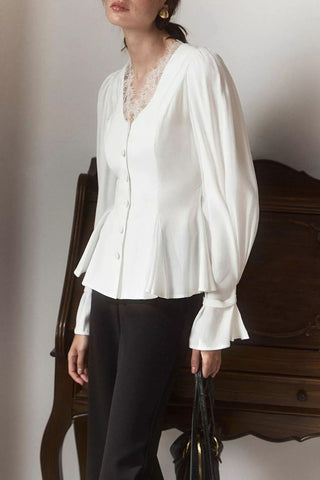 Lace V-Neck Puff Sleeve Button Blouse