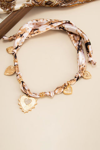 Printed Scarf Necklace with Charms