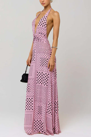 Polka Dot Halter V-Neck Maxi Dress
