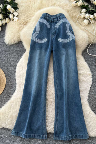 Patterned High-Waist Wide-Leg Straight Jeans