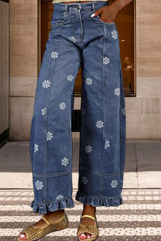 Daisy Print Ruffle Hem Wide Leg Pants
