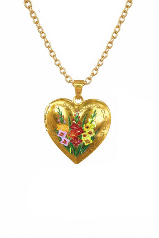 Floral Enamel Heart Locket Necklace