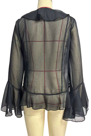 Sheer Ruffle V-Neck Bell Sleeve Blouse