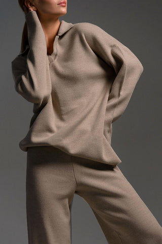 Knit Collared Top and Wide-Leg Pants Set