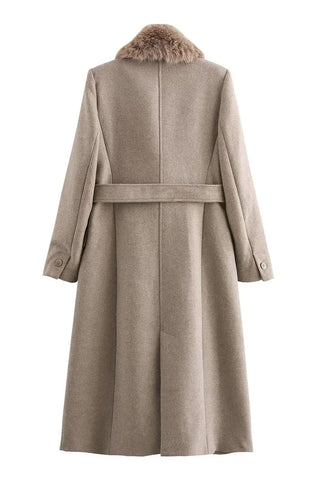 Faux Fur Collar Tie-Waist Midi Coat