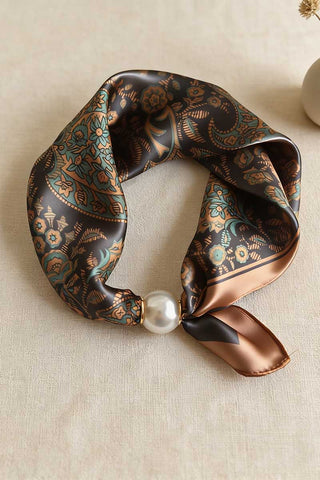Paisley Print Satin Scarf with Pearl Ring