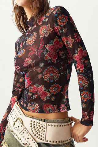 Floral Mock Neck Sheer Long Sleeve Top