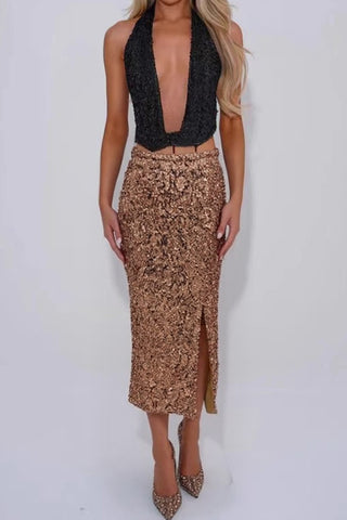 Sequin High-Waist Slit Midi Skirt