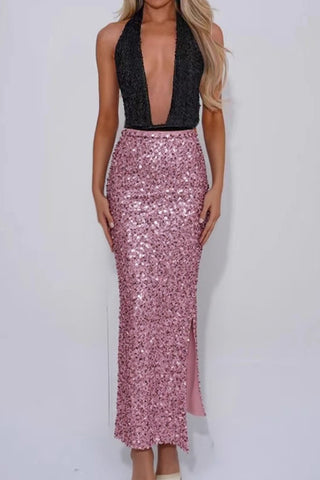 Sequin High-Waist Slit Midi Skirt