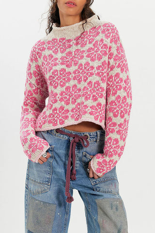 Floral Knit Crew Neck Crop Sweater