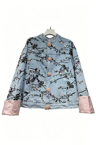 Floral Mandarin Collar Denim Jacket
