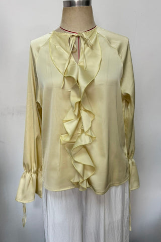 Ruffle V-Neck Tie Sleeve Satin Blouse