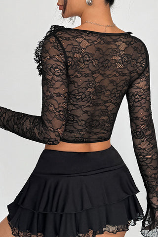 Ruffle Sweetheart Neck Lace Bell Sleeve Blouse