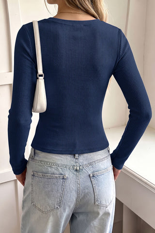 Ribbed Lace Trim Button-Front Long Sleeve Top
