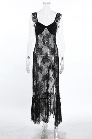 Deep V Sheer Lace Slit Dress