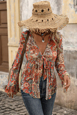 Floral V-Neck Tie Front Bell Sleeve Blouse