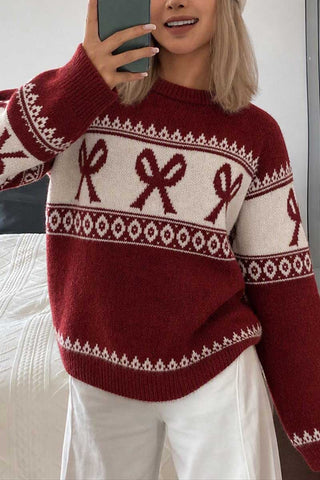 Bow Motif Fair Isle Crew Neck Sweater