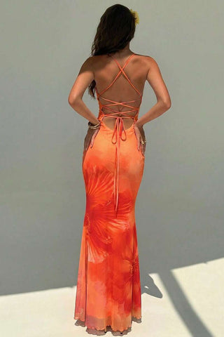 Floral Tie-Back Open Back Maxi Vacation Dress