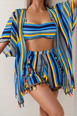 Vibrant Striped Bikini Set with Cover-Up