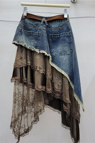 Asymmetric Denim Lace Overlay Midi Skirt