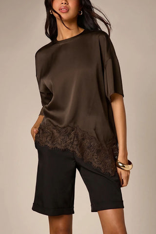 Satin Crew Neck Lace Trim T-Shirt