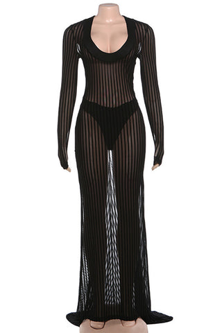 Sheer Striped Long-Sleeve Maxi Dress