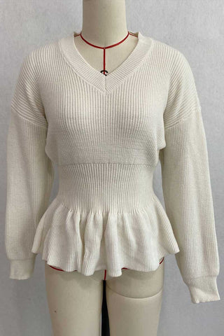 V-Neck Ribbed Peplum Sweater