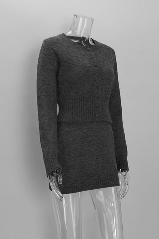 V-Neck Button-Front Knit Skirt Set