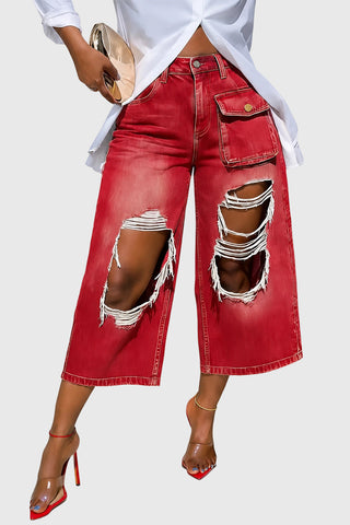 Distressed Wide-Leg Cargo Casual Pants