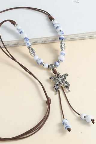 Butterfly Charm Beaded Tassel Necklace