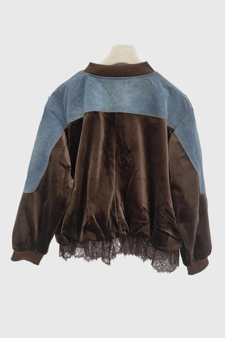 Lace Panel Velvet Zip-Up Denim Jacket