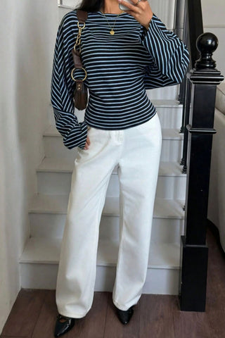 Striped Ribbed Knit Long Sleeve Top