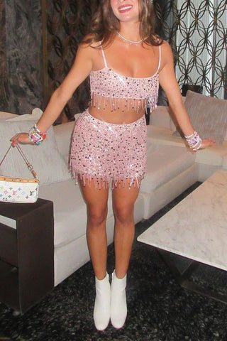 Sequin Sheer Mesh Crop Top and Mini Skirt Set