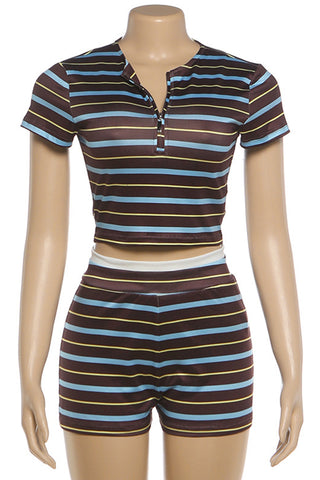 Striped Short-Sleeve Crop Top and Shorts Set